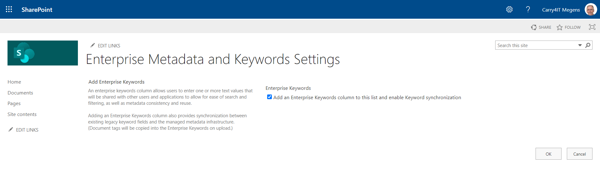 Site Pages Library Settings add Enterprise Keywords